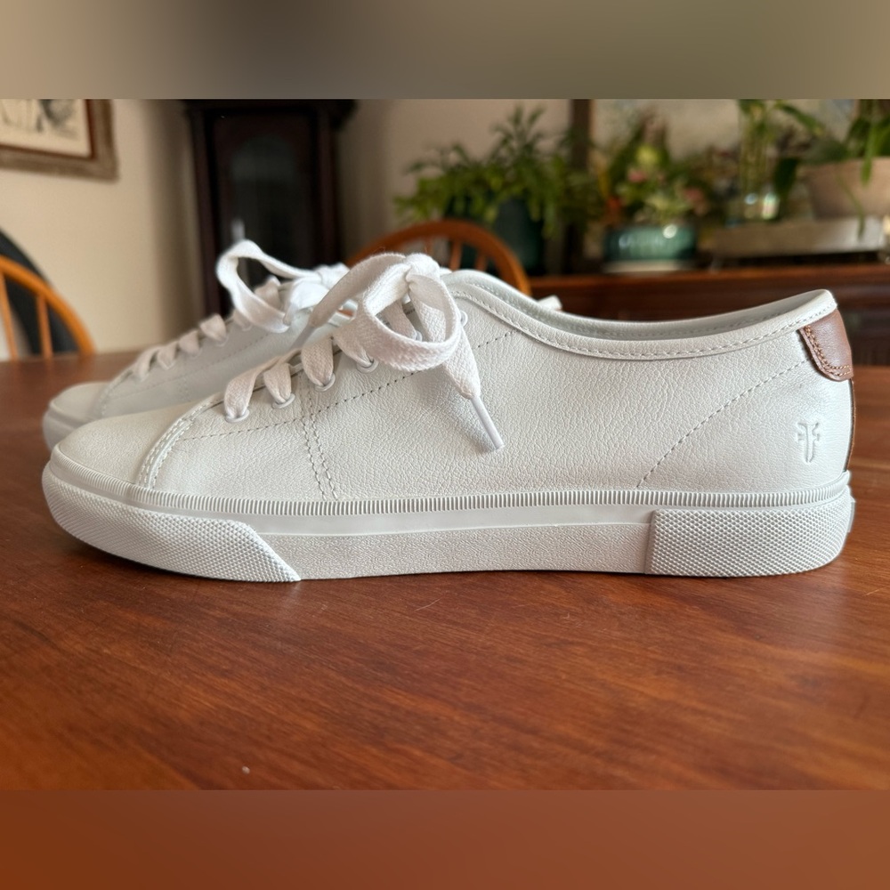 Frye White Canvas Low-Top Sneakers with Brown Heel Accent - Picture 3 of 6